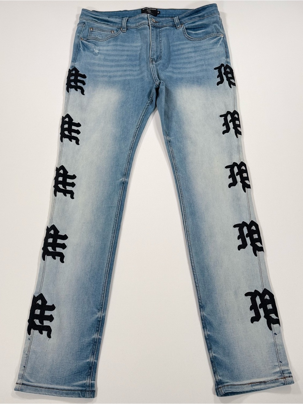 Mixed Emotion Monogram Denim Light Blue Wash Jeans Size 38 Streetwear Goth Punk